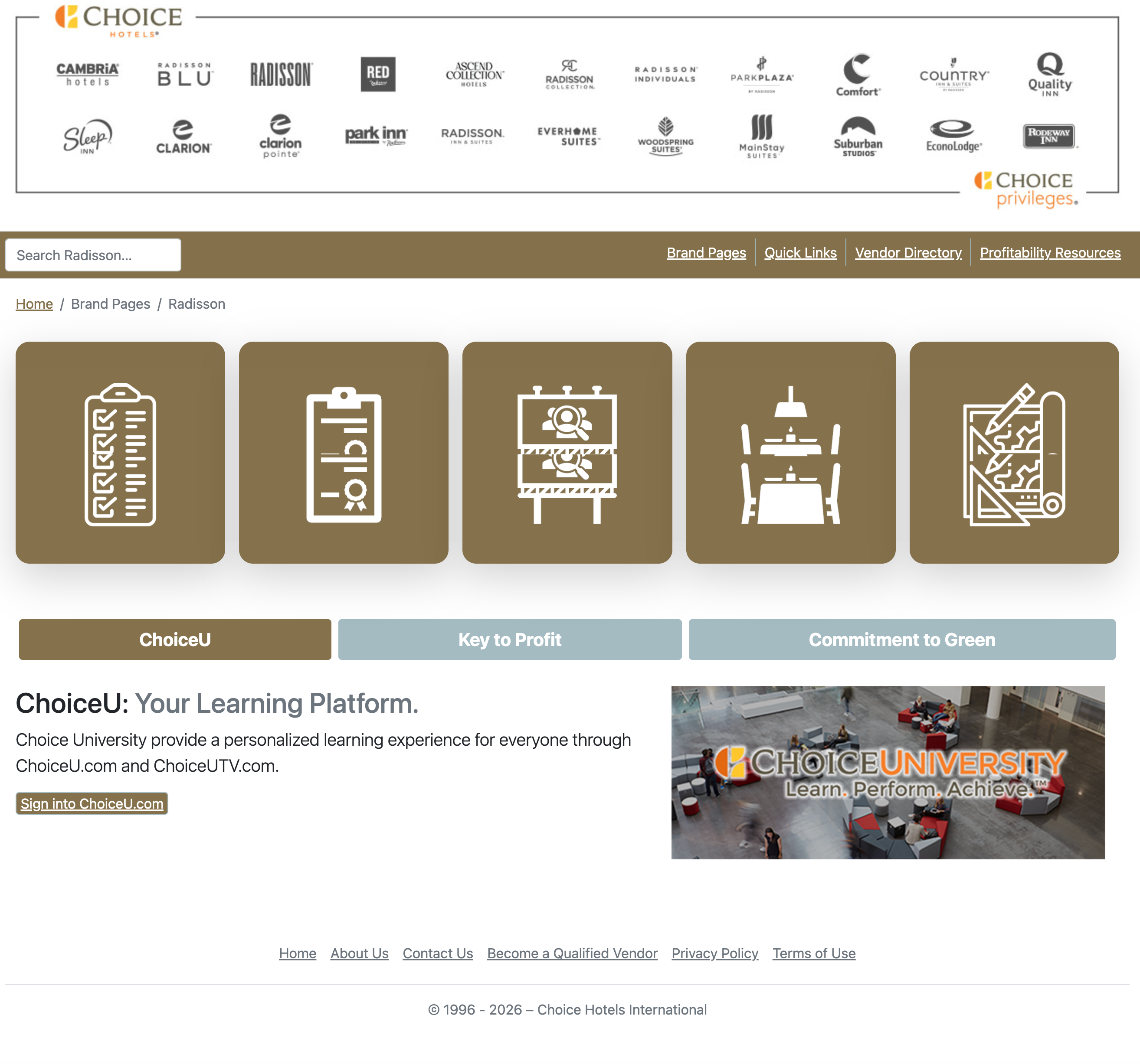 Radisson brand hub within ChoiceBuys showing shared navigation and brand-specific learning resources.