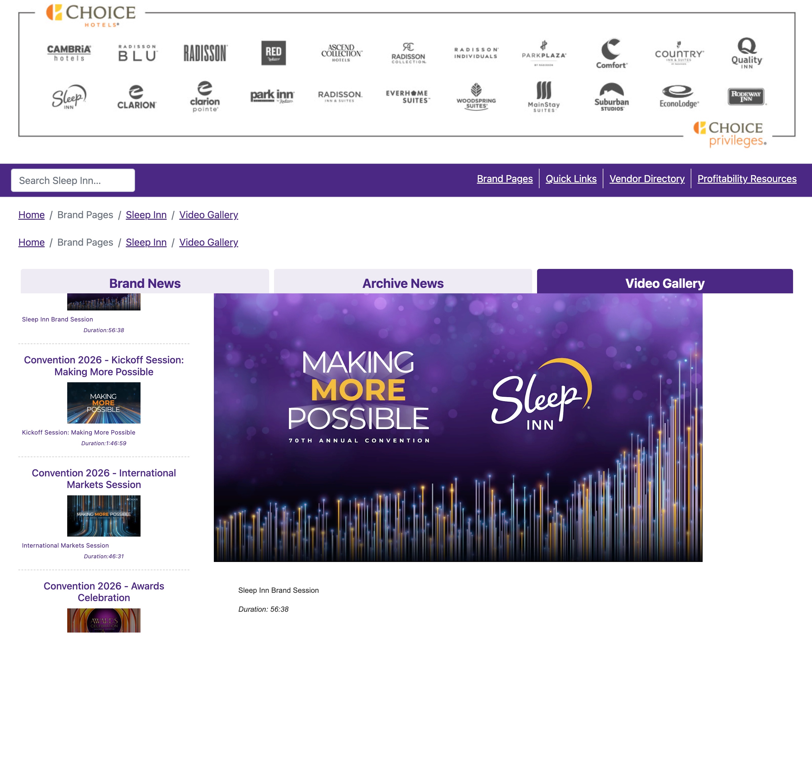 Sleep Inn media library within ChoiceBuys showing news, archive, and video content.