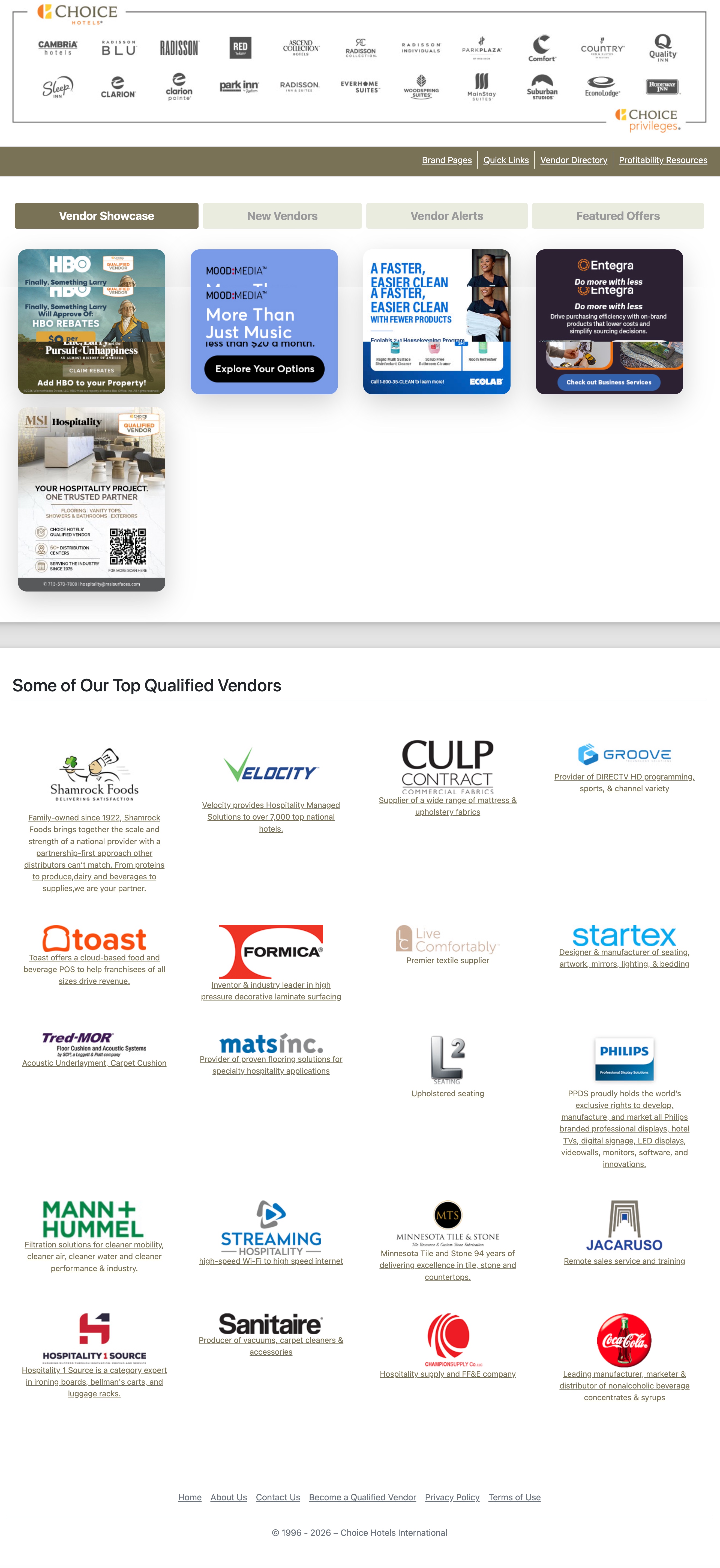 ChoiceBuys platform view showing Choice Hotels brands, vendor showcases, and a qualified-vendor directory.