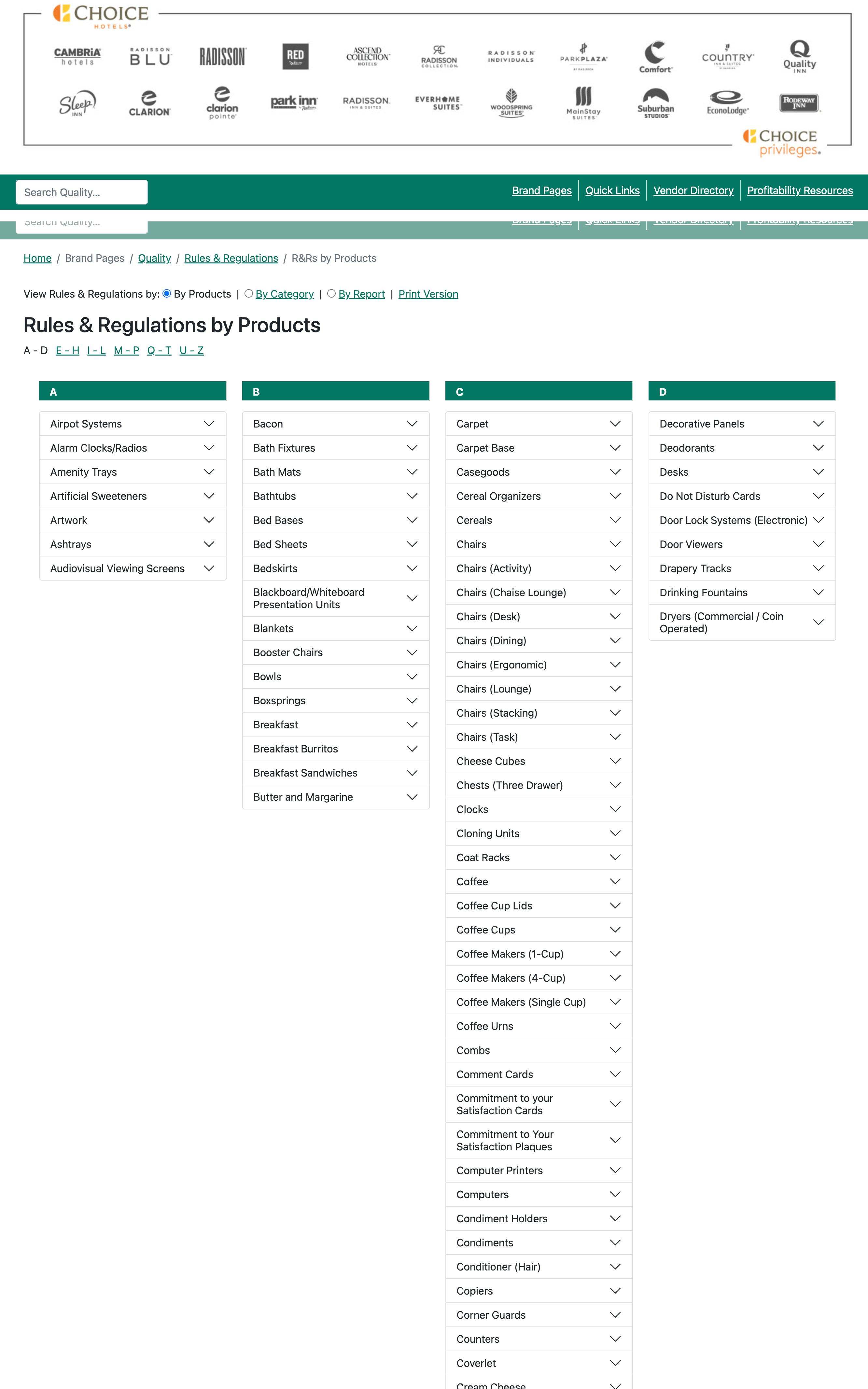 ChoiceBuys rules and regulations interface organized alphabetically by hotel product category.
