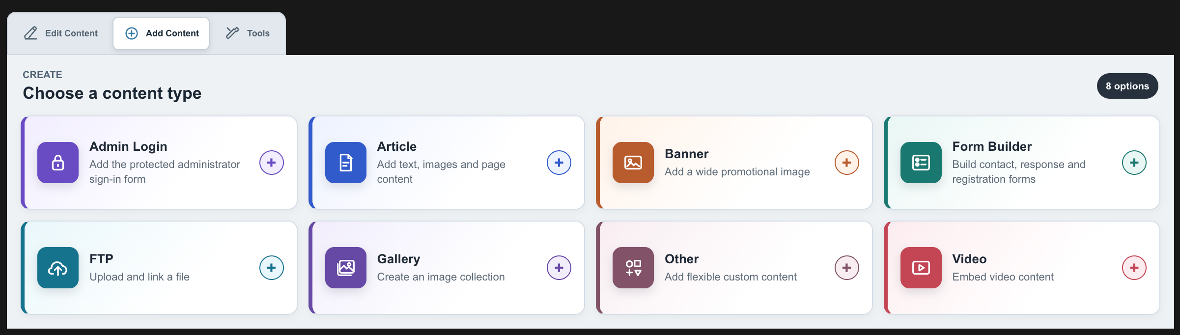 RED-CMS content chooser showing eight supported content types including articles, forms, galleries, video, and custom content.